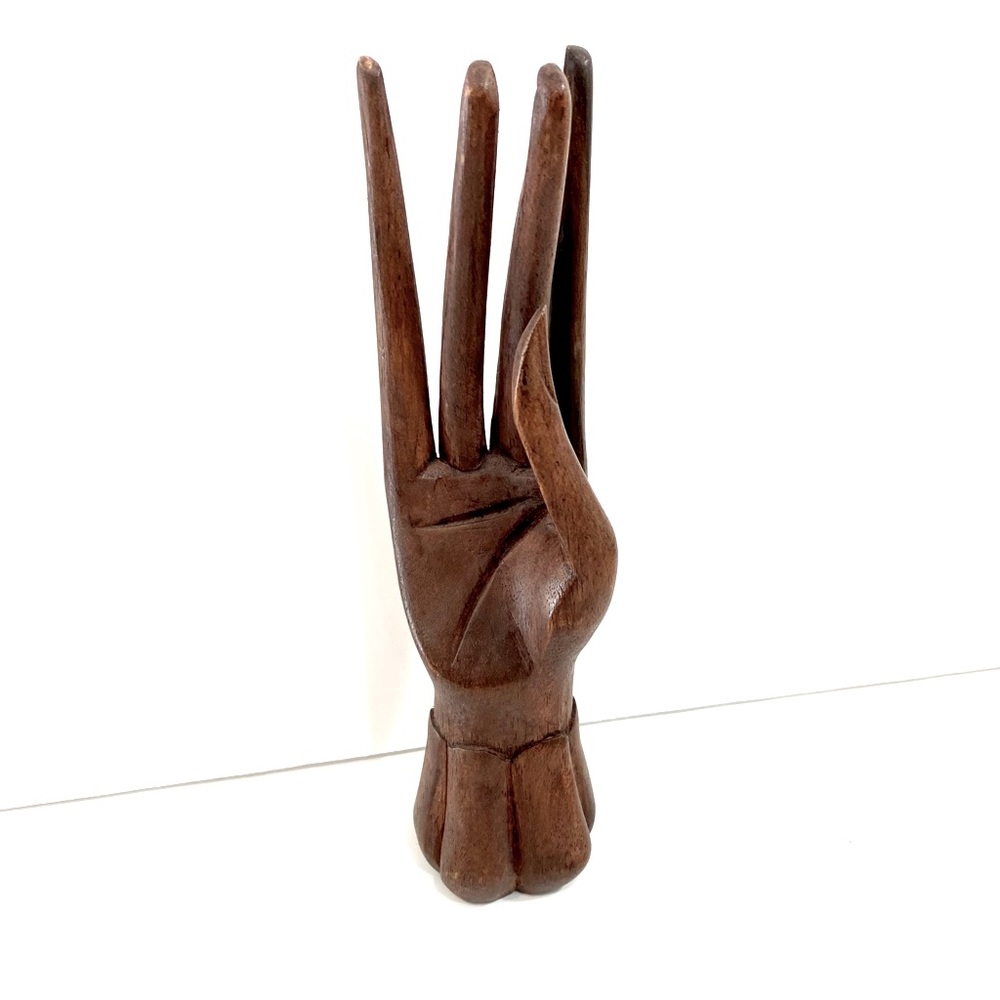Vintage Wooden Hand Sculpture Jewelry Ring Holder Shelf Decor Mid Century Modern